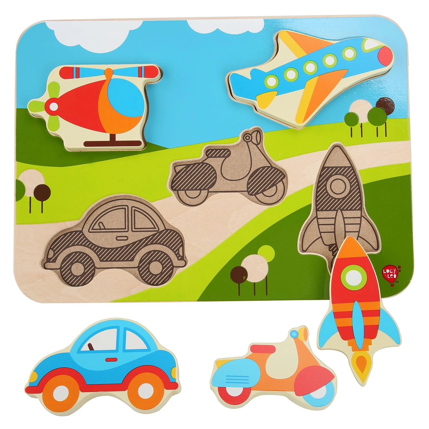 E-shop Drevené vkladacie puzzle Dopravné prostriedky 6 dielikov LUCY & LEO