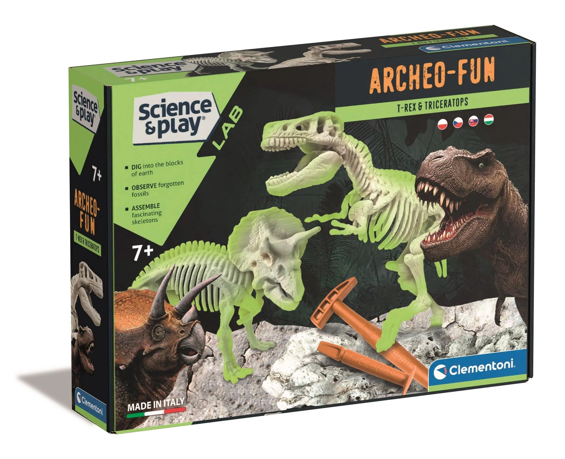 E-shop Clementoni Science & Play ArcheoFun: T‑Rex a Triceratops – výkopová sada so svietiacimi kostrami
