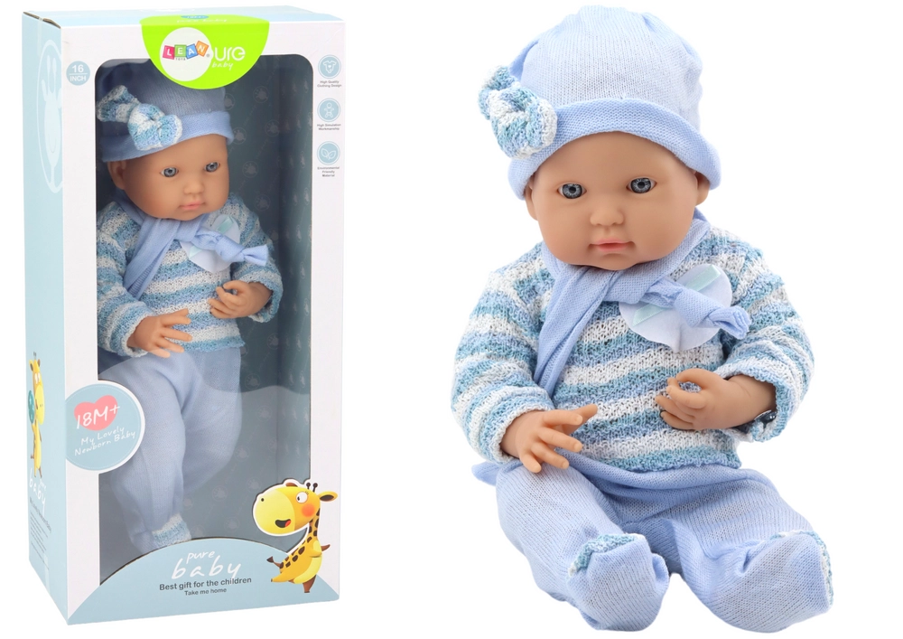 E-shop LEAN Toys Bábika pruhovaný sveter klobúk modrá šatka