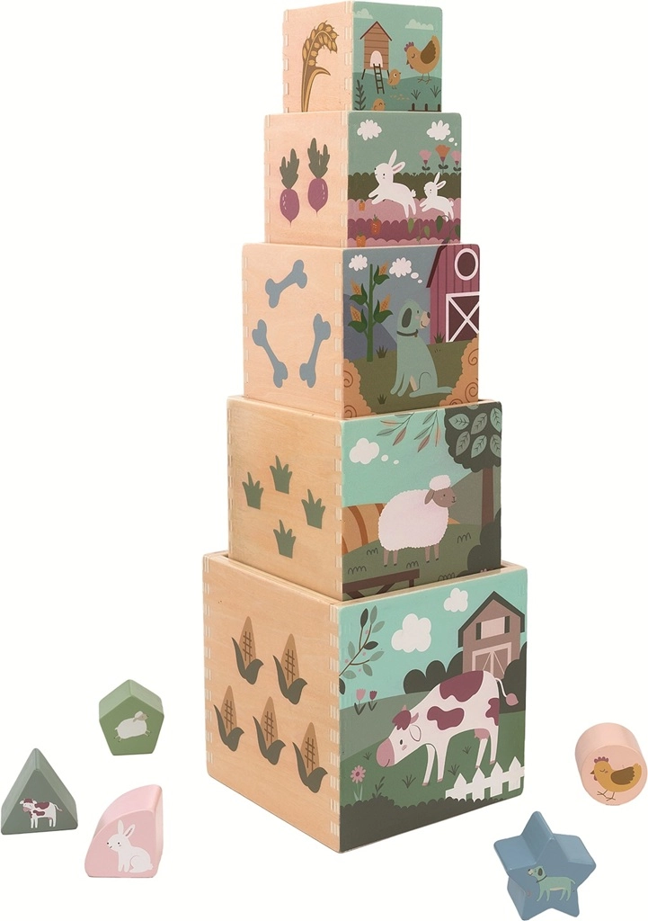 Skladacia drevená veža s kockami Farma 2Kids Toys
