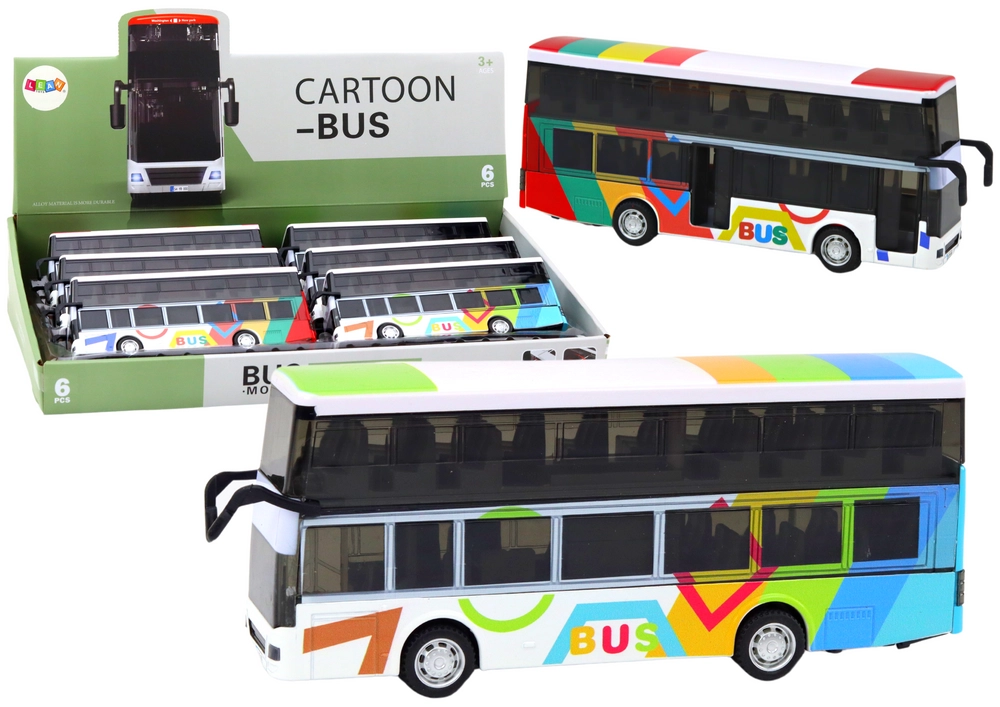 Dvojposchodový farebný kovový autobus so zotrvačníkovým pohonom, svetlami a zvukmi