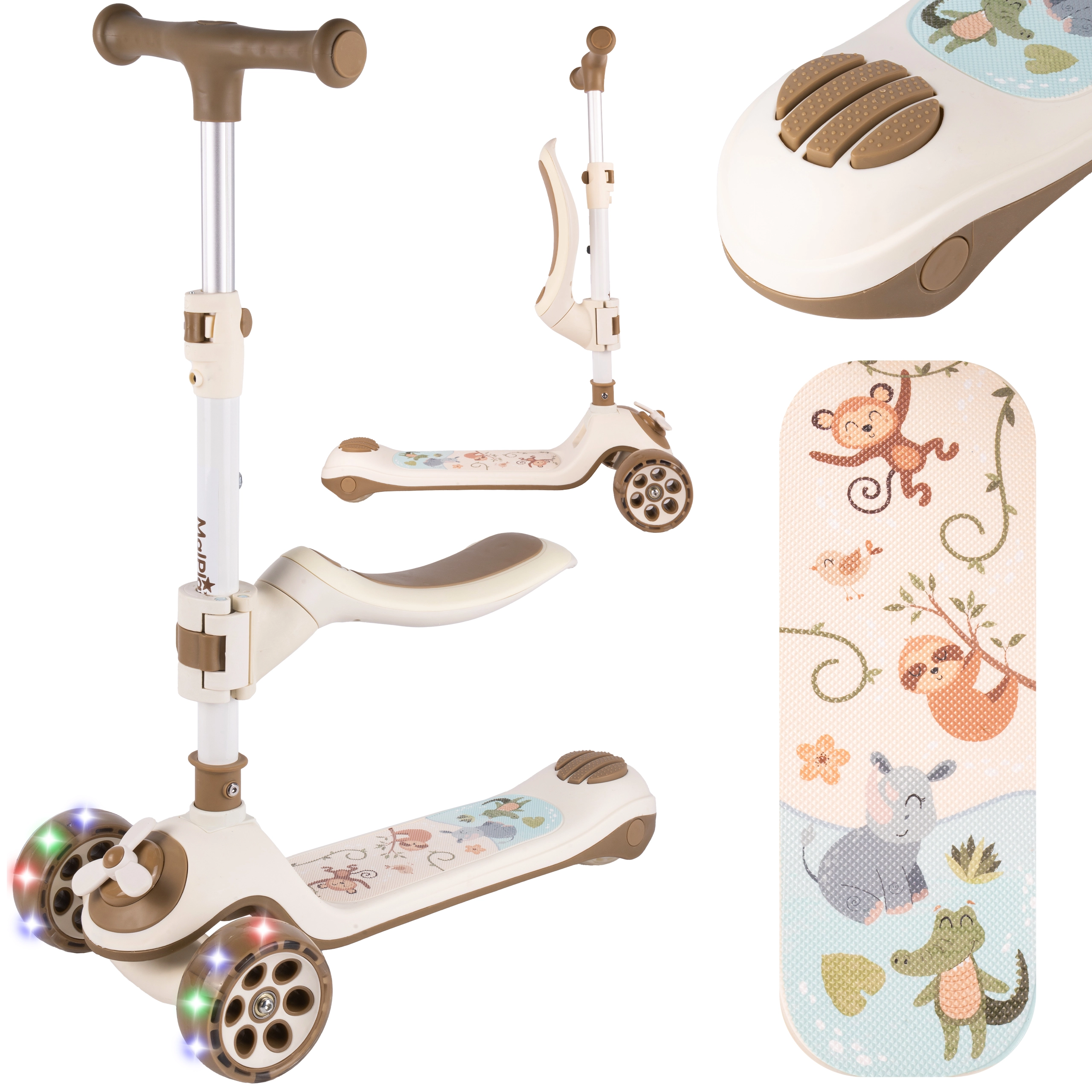 Detská skladacia kolobežka so sedadlom a svetelnými kolieskami, béžová