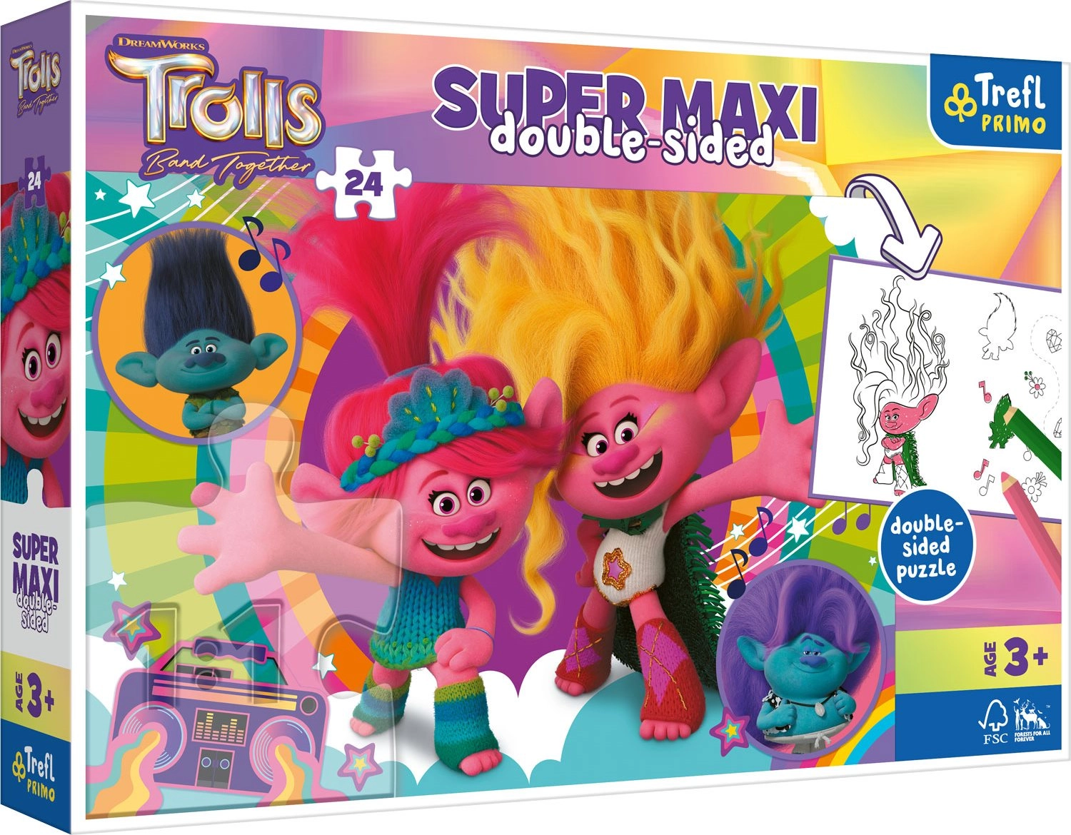E-shop TREFL Oboustranné Trollové 3 Šťastný Trollí den SUPER MAXI 24 dielov