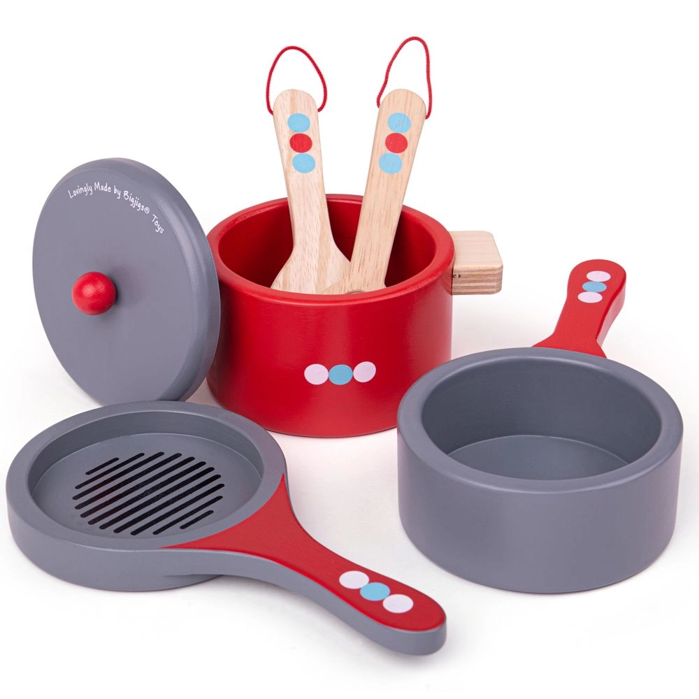 E-shop Bigjigs Toys dřevěný set nádobí s puntíky
