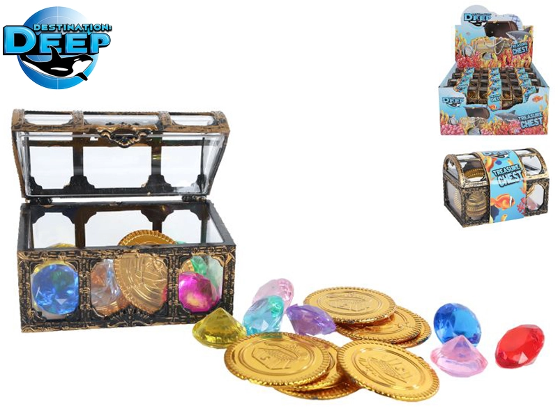 E-shop Truhla 10 5x7 cm s pokladom 30 ks zlatých mincí a 30 ks diamantov