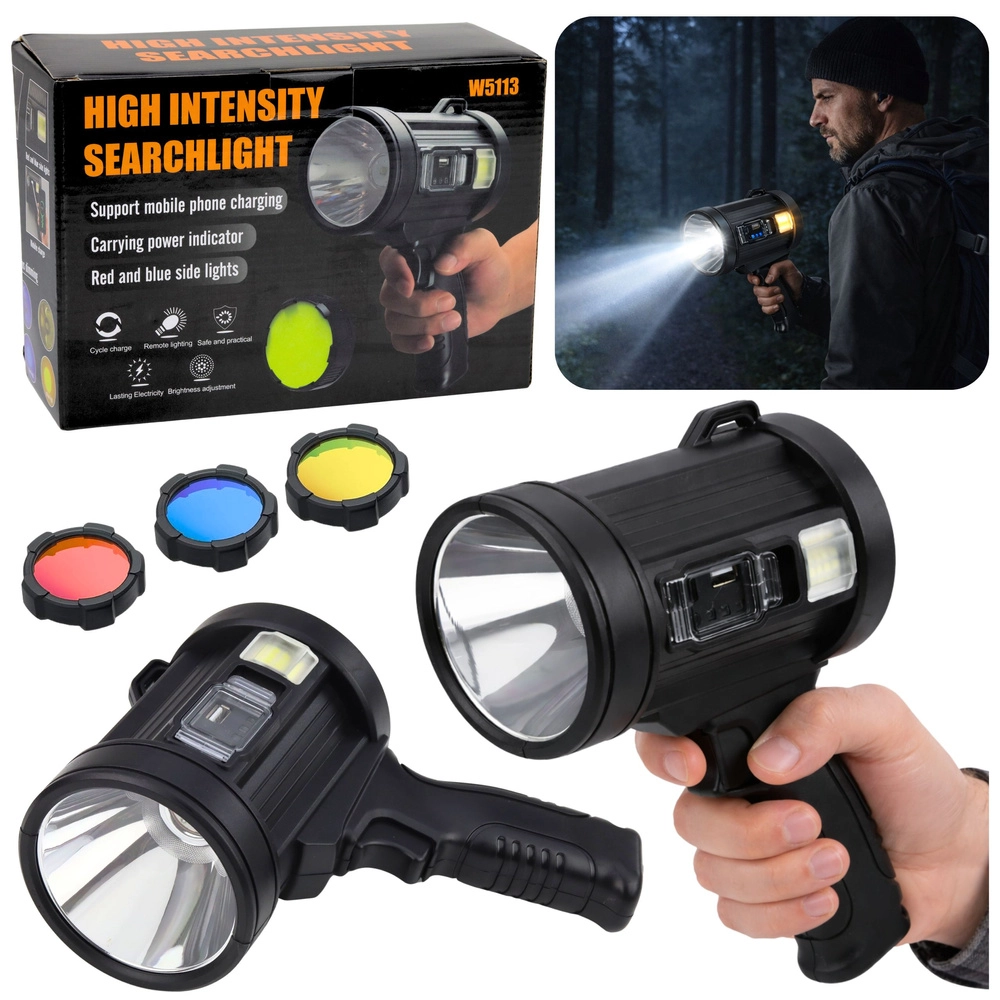 Solárny LED ručný reflektor 800 lm s powerbankou a výmennými filtrami