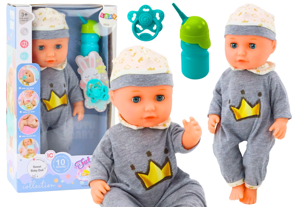 E-shop LeanToys v šedém pyžamu zvuky dudlíku z lahvičky a čůrání