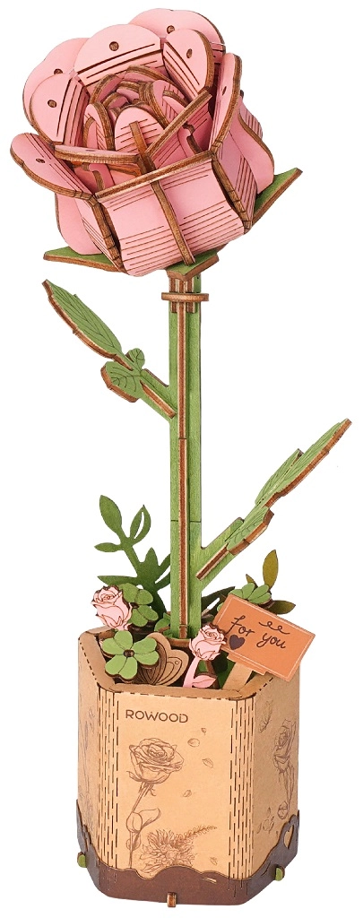 Robotime Dřevěná květina - Růžová růže
