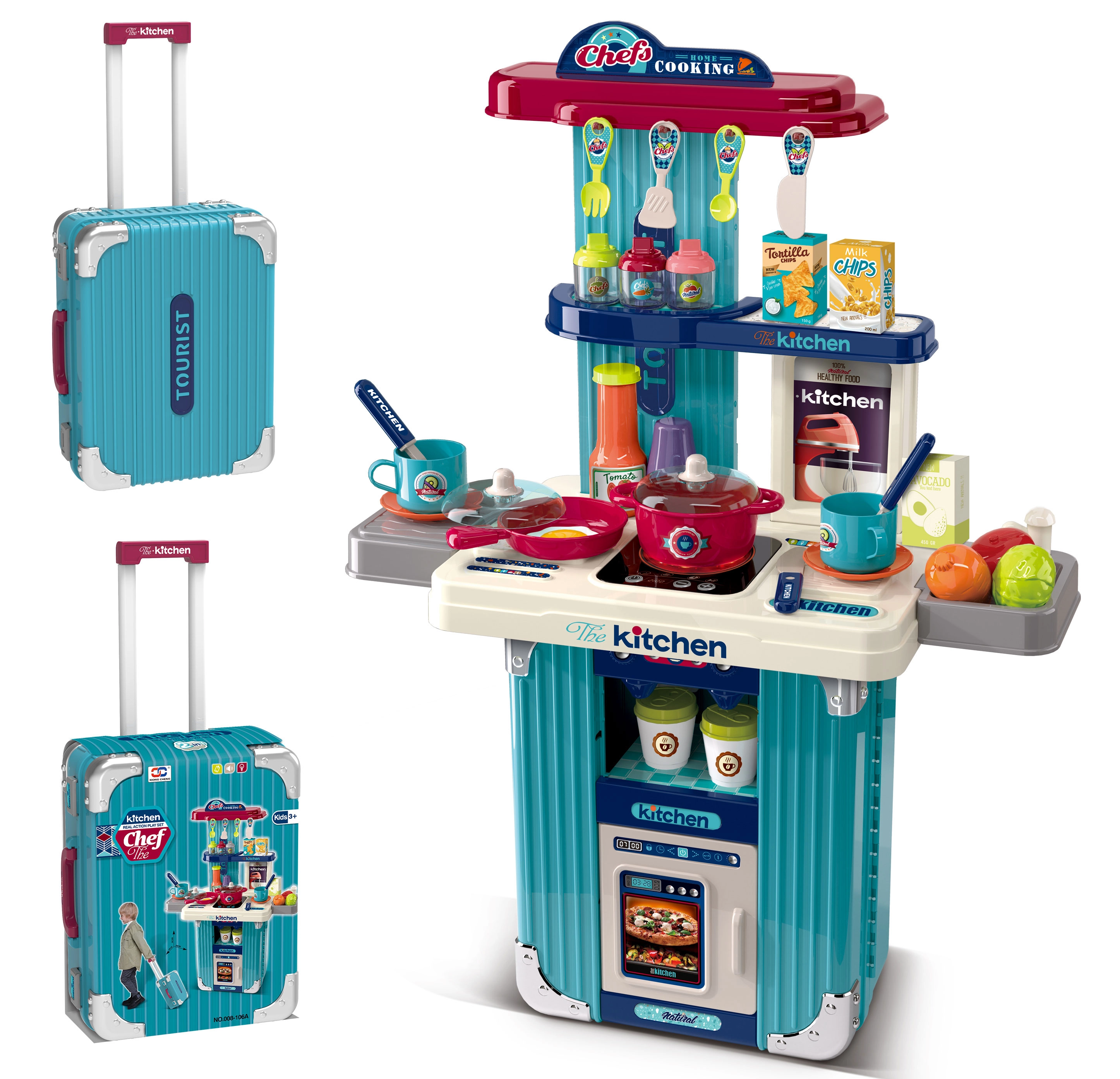 2v1 kufrík a detská kuchynka s príslušenstvom – modrá