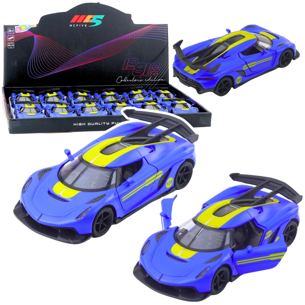 Kovové športové autíčko 1:32 s pull-back pohonom a otváracími dverami – modré