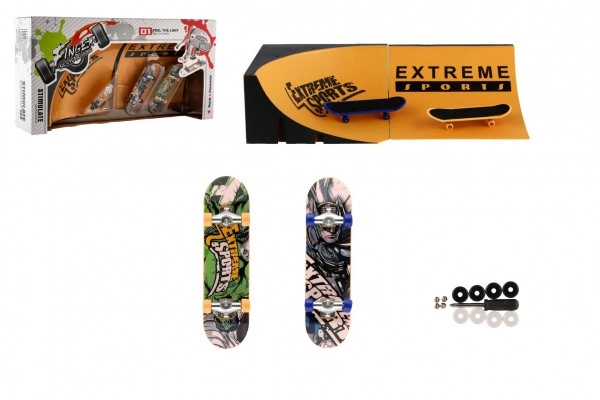 E-shop Teddies Skateboard prstový skrutkovací 2ks plast 10cm s rampou s doplnkami 2 farby v krabičke 35x9x18cm