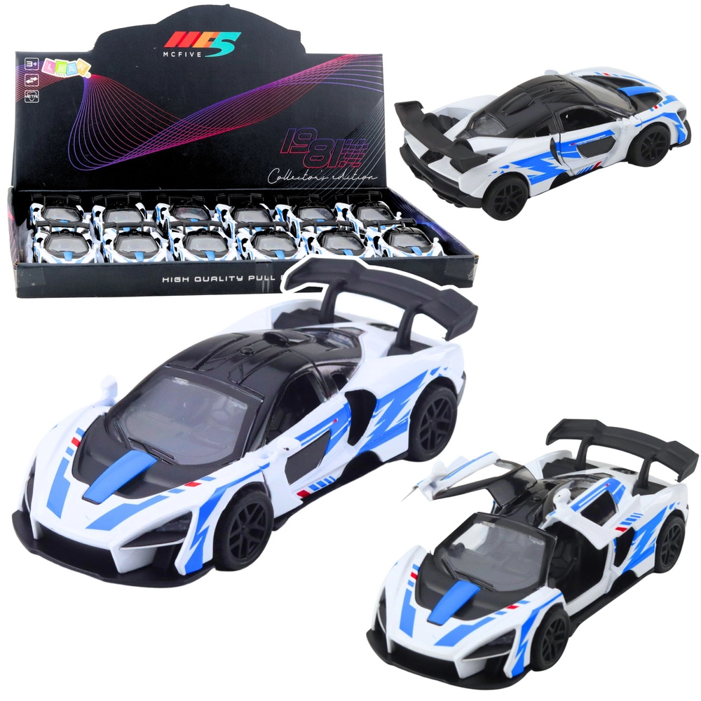 Kovový závodný športový voz 1:32 s pull-back pohonom a otváracími dverami – biely