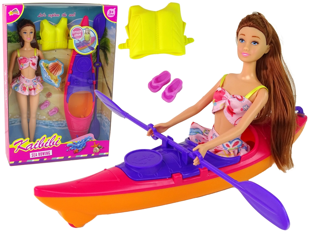 E-shop Lean Toys bábika s hnedými vlasmi a oranžovým kajakom