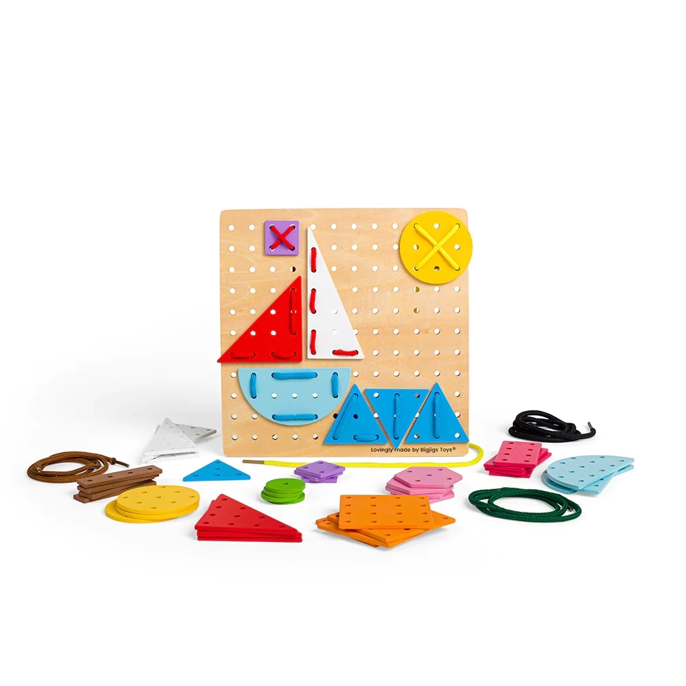 E-shop Bigjigs Toys Dřevěná šněrovací hra Geometrické tvary