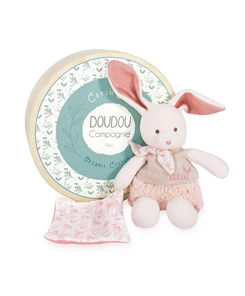 E-shop Doudou et Compagnie Paris plyšový Ecru králiček s růžovou dečkou z BIO bavlny 22 cm