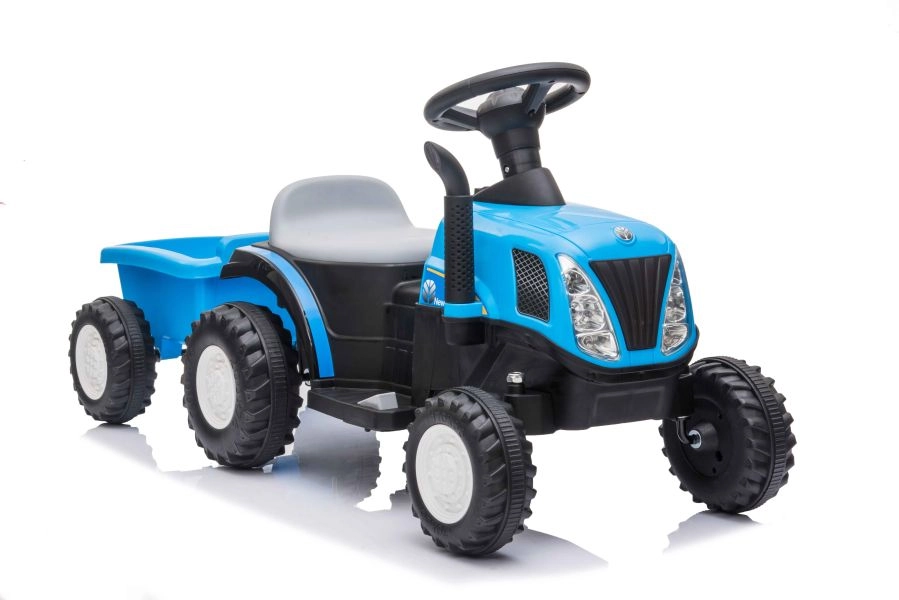 Detský modrý traktor na batériu s prívesom