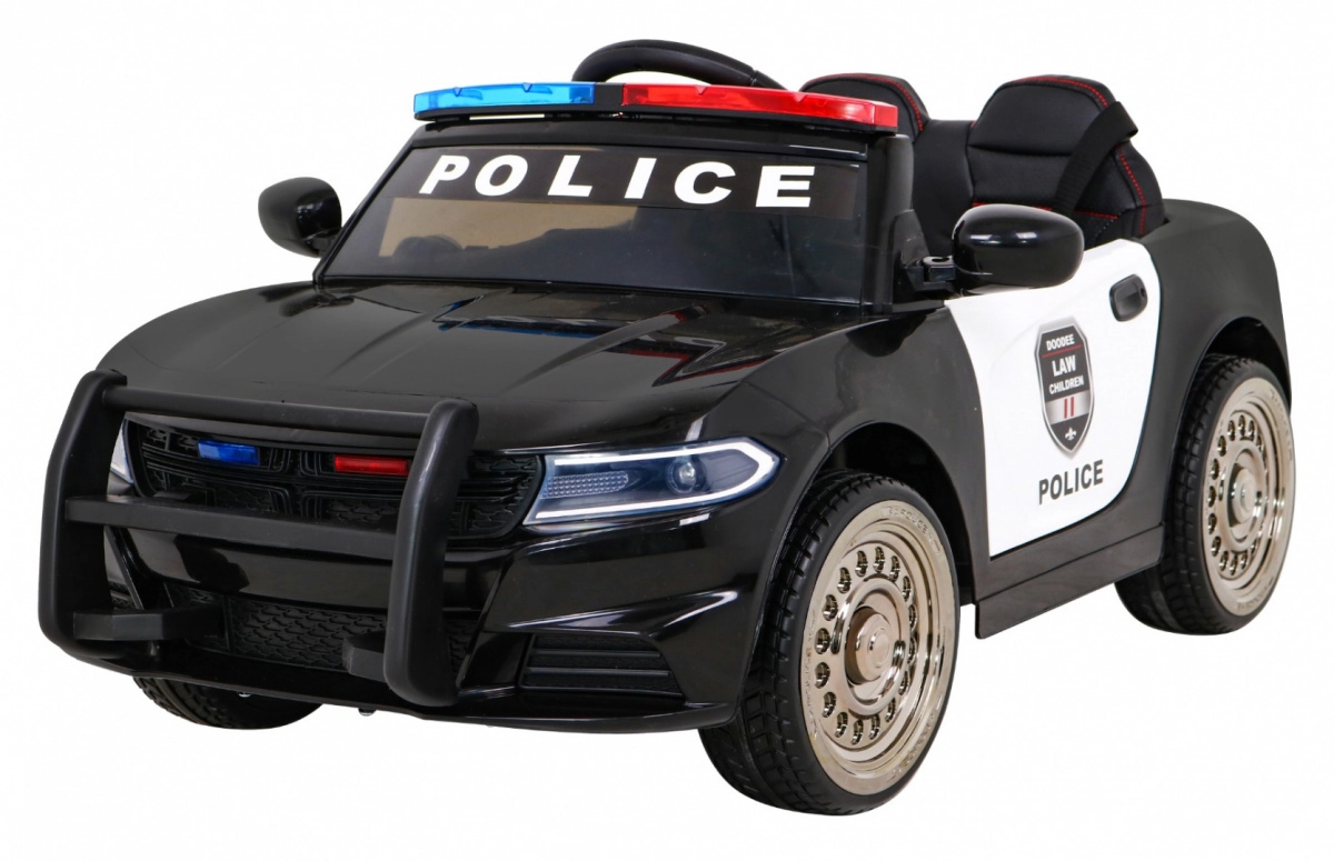 JOKO Elektrické autíčko Polícia s Megafónom penové kolesá kožené sedadlo policajné majáky + zvuk Sirény čierne