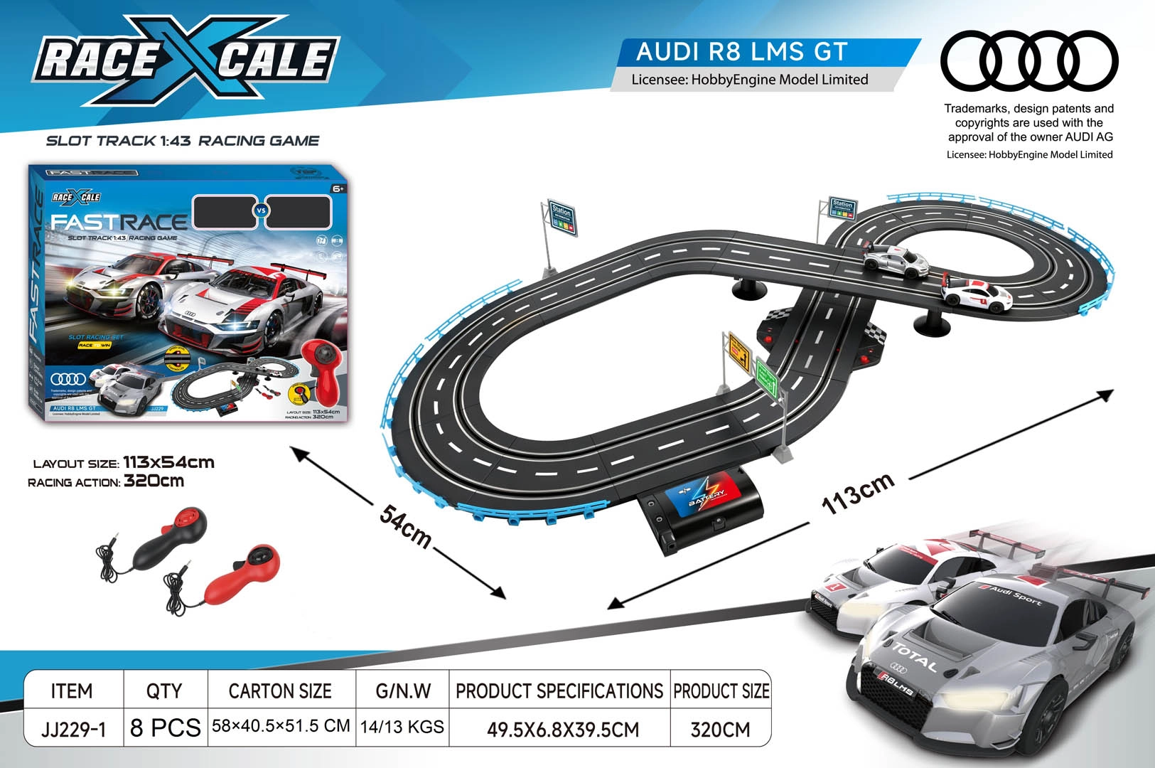 Pretekárska dráha R/C Audi 1:43, 113 × 54 cm
