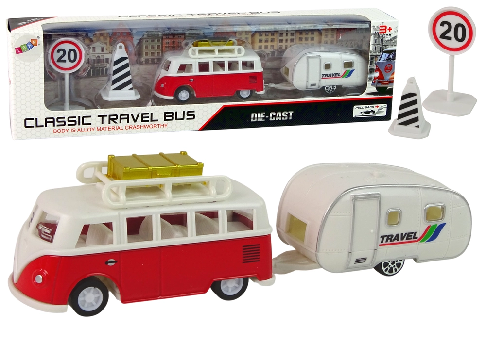 E-shop Lean Toys Červený autobus so sadou vozidla Camping Trailer
