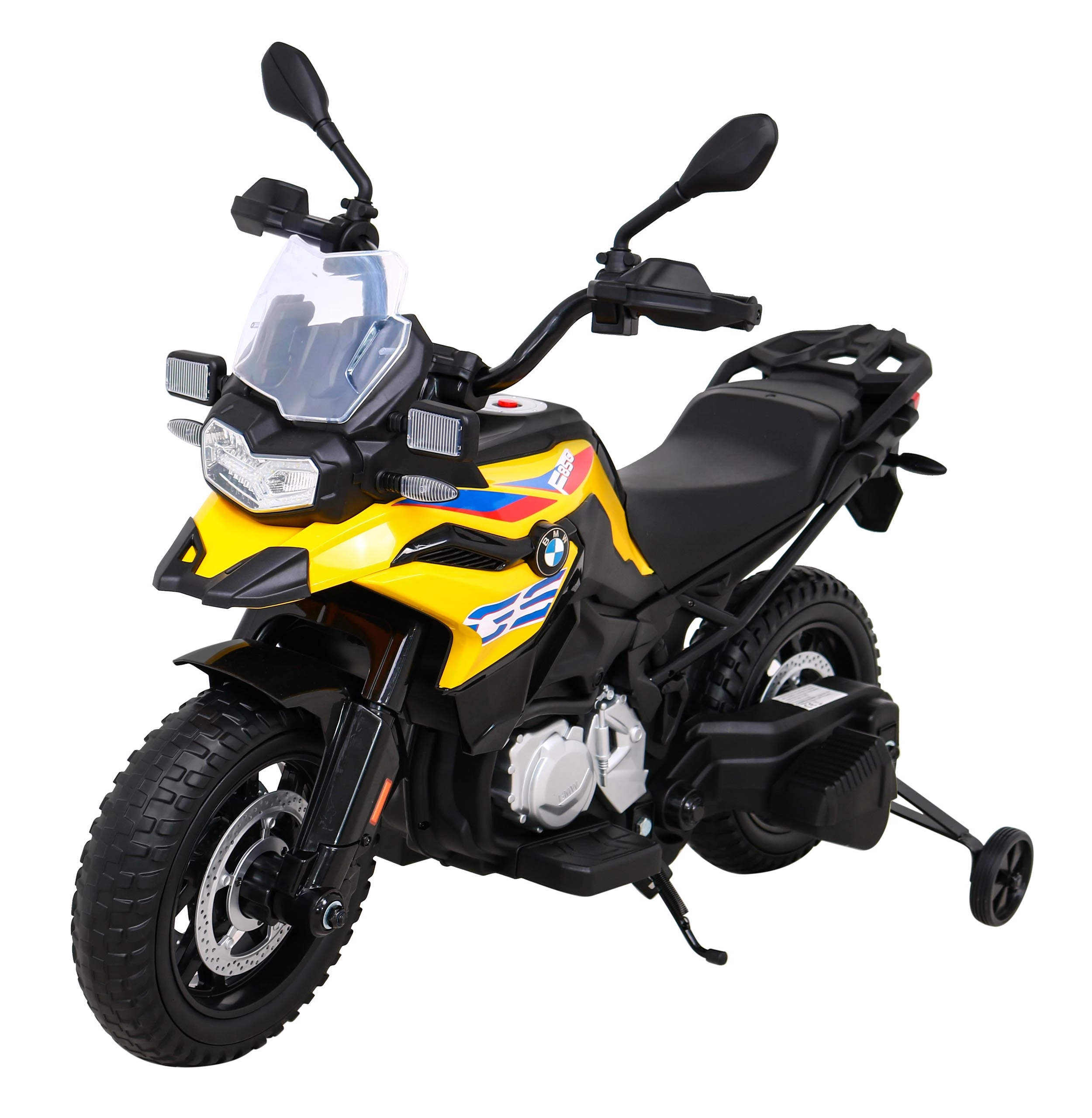 E-shop Detská elektrická motorka BMW F850 GS žltá s pomocnými kolieskami, LED a audio