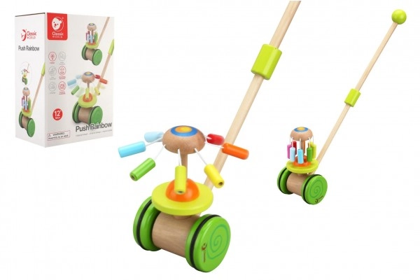 Teddies strkadlo kolotoč tlačící duhový dřevo 50cm na kolečkách s tyčkou v krabici 20x29x14cm