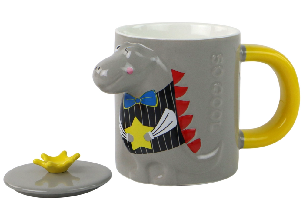 E-shop Keramický hrnček s viečkom dinosaurus 400 ml, sivý