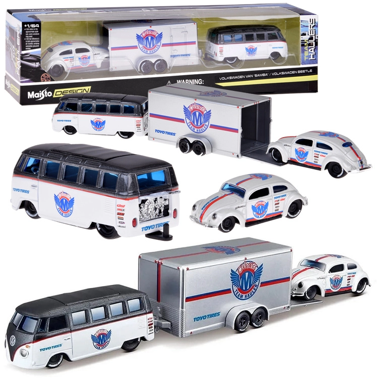 Maisto kovový set 1:64 – Volkswagen Van Samba s prívesom a Volkswagen Beetle