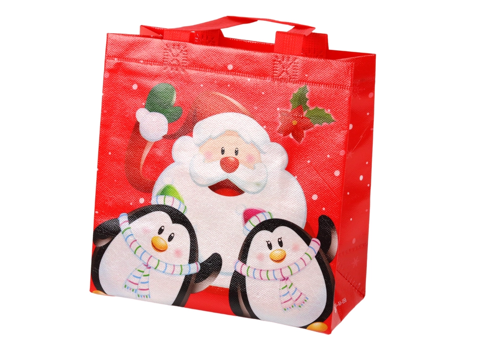 E-shop Vianočná darčeková taška s motívom Mikuláša a tučniakov, červená, 22 × 22 × 11 cm