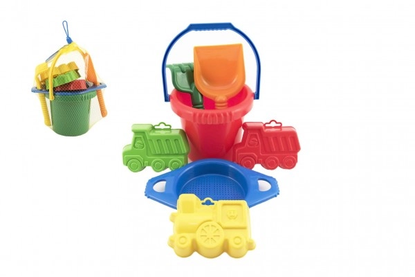 E-shop Teddies Vedro sitko lopatka hrabličky 3 bábovky plast v sieťke 20x28x12cm 12m +