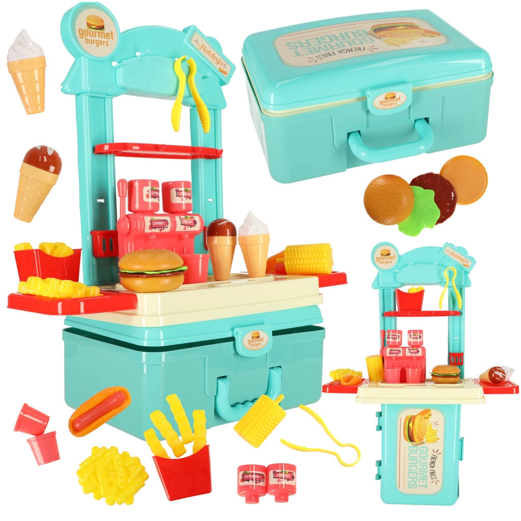 KIK Detská kuchynka v kufríku fast food hamburger set zmrzlina hranolky 55cm