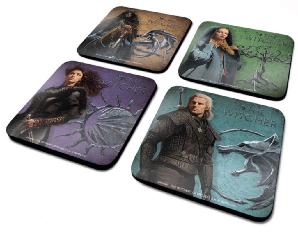 CurePink Tácky pod sklenice NetflixThe WitcherZaklínač Legendary balení 4 ks10x10cm
