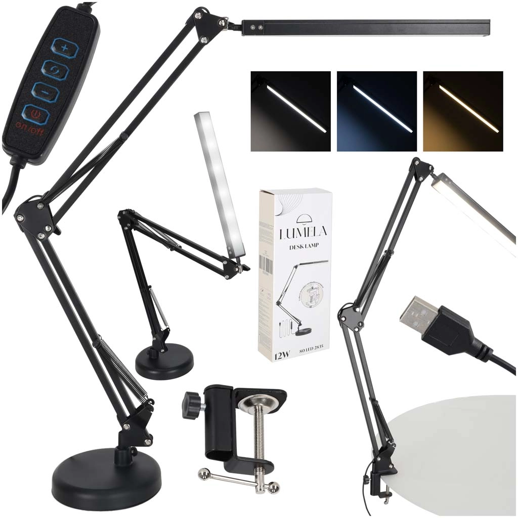 Stolová LED lampa s nastaviteľným ramenom a USB, 2 spôsoby uchytenia