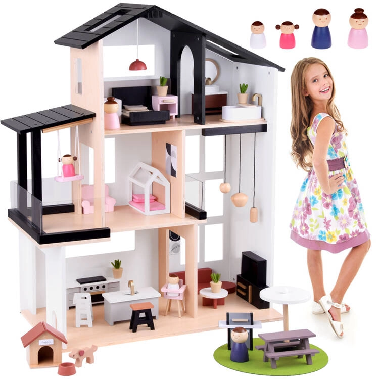 JOKO Detský Drevený Domček LOFT 80cm s nábytkom + Drevené Postavičky