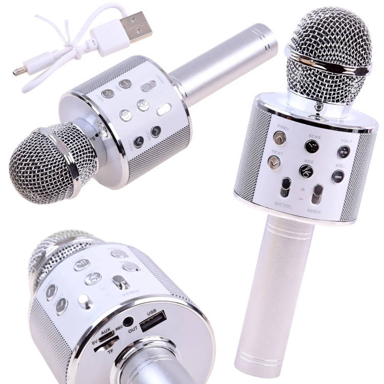 Bluetooth bezdrôtový karaoke mikrofón so zabudovaným reproduktorom – strieborný