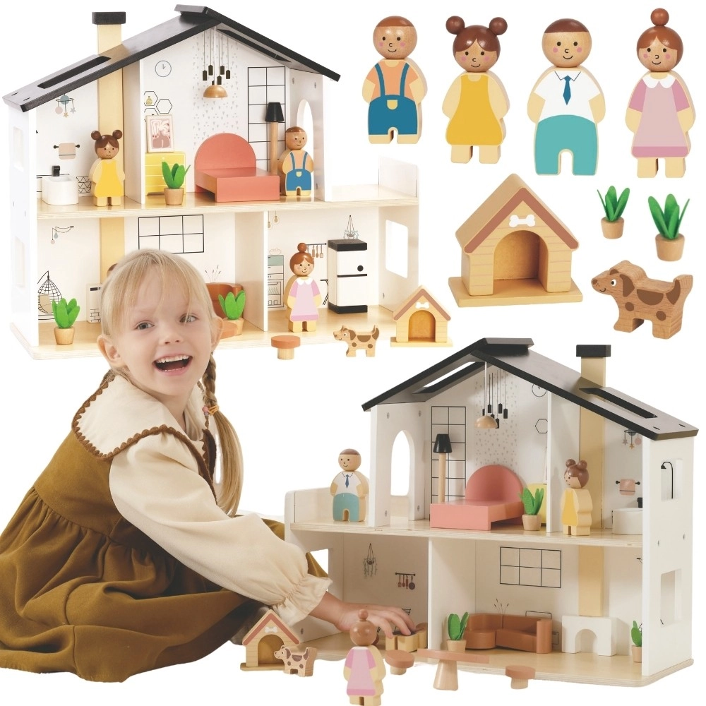 Tooky Toy drevený domček pre bábiky s príslušenstvom a rodinkou (20 ks)