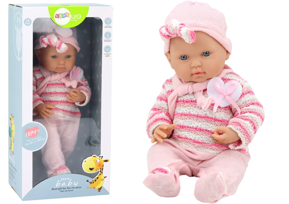 E-shop LEAN Toys bábika pruhovaný sveter čiapka šatka ružová