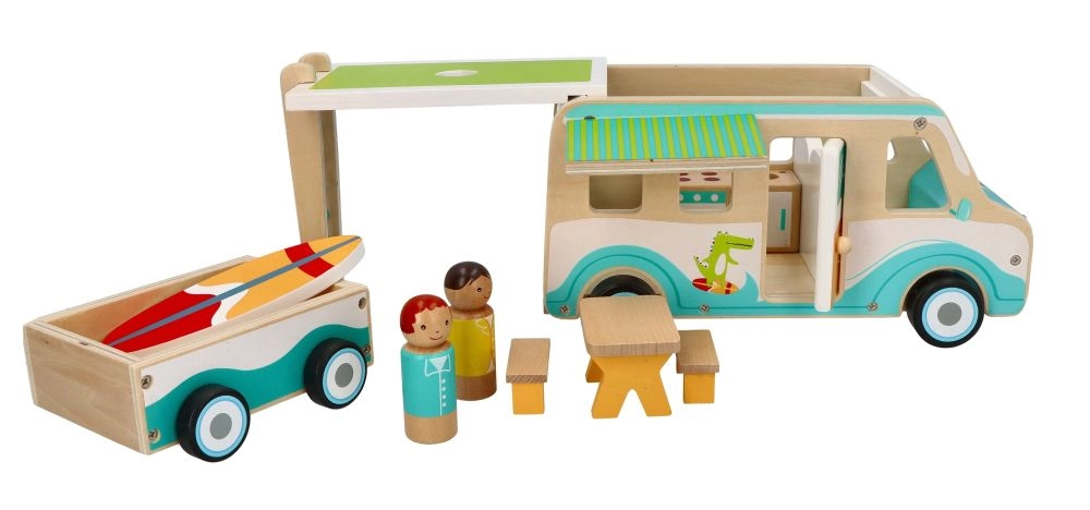 E-shop Adam Toys Drevený auto karavan s prívesom a príslušenstvom