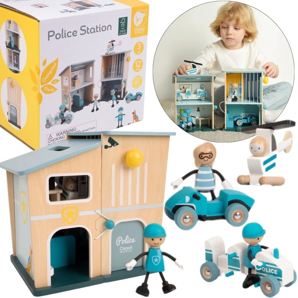 E-shop Classic World drevená policajná stanica s autami, helikoptérou a figúrkami