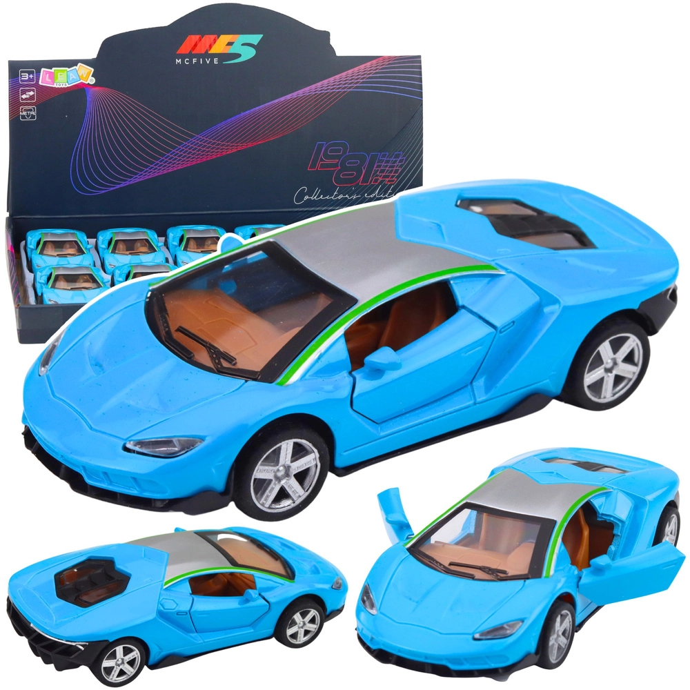 Kovový športový voz 1:32 s pohonom, svetlami a zvukmi – modrý