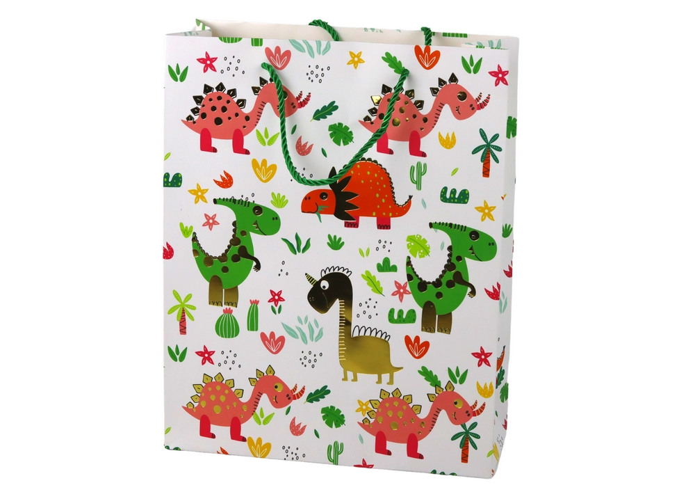 E-shop LEAN TOYS Papierová darčeková taška - Farebné dinosaury 32 cm x 26 cm x 10 cm