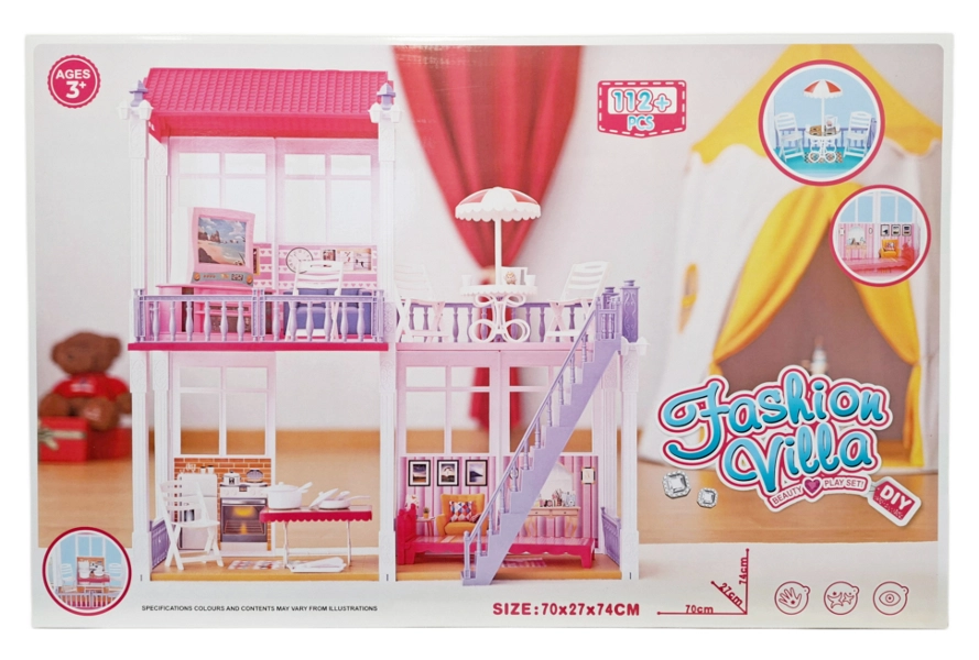 Poschodový domček pre bábiky s nábytkom a doplnkami, 112 dielov