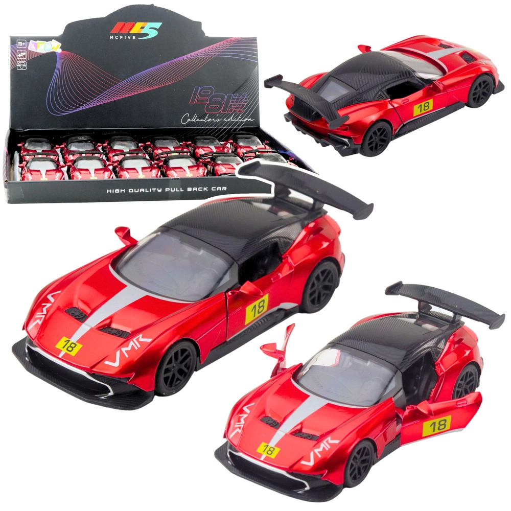 Kovový športový pretekársky voz 1:32 s pull-back pohonom a otváracími dverami – červený