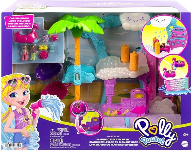 E-shop Polly Pocket Plameniaková umývačka – herný set s autom meniacim farbu