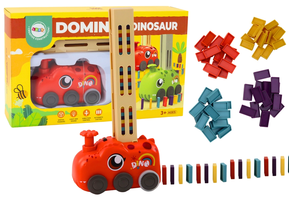E-shop Červený dinosauří vláčik na batérie stavajúci farebné domino