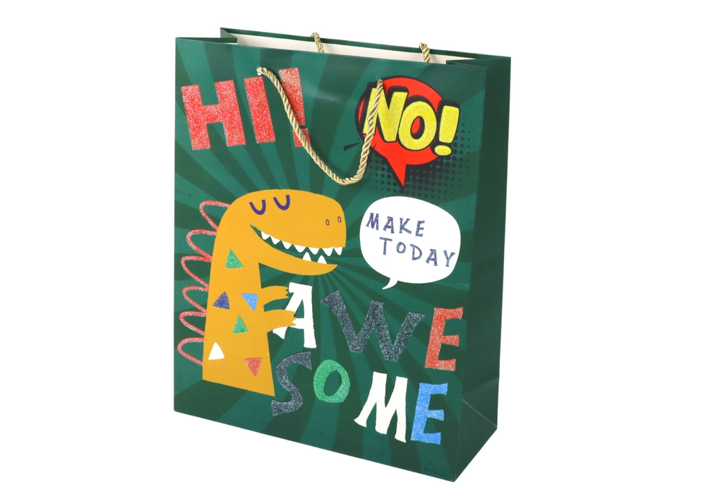 E-shop Papierová darčeková taška zelená s dinosaurom 41,5 × 30 × 12 cm