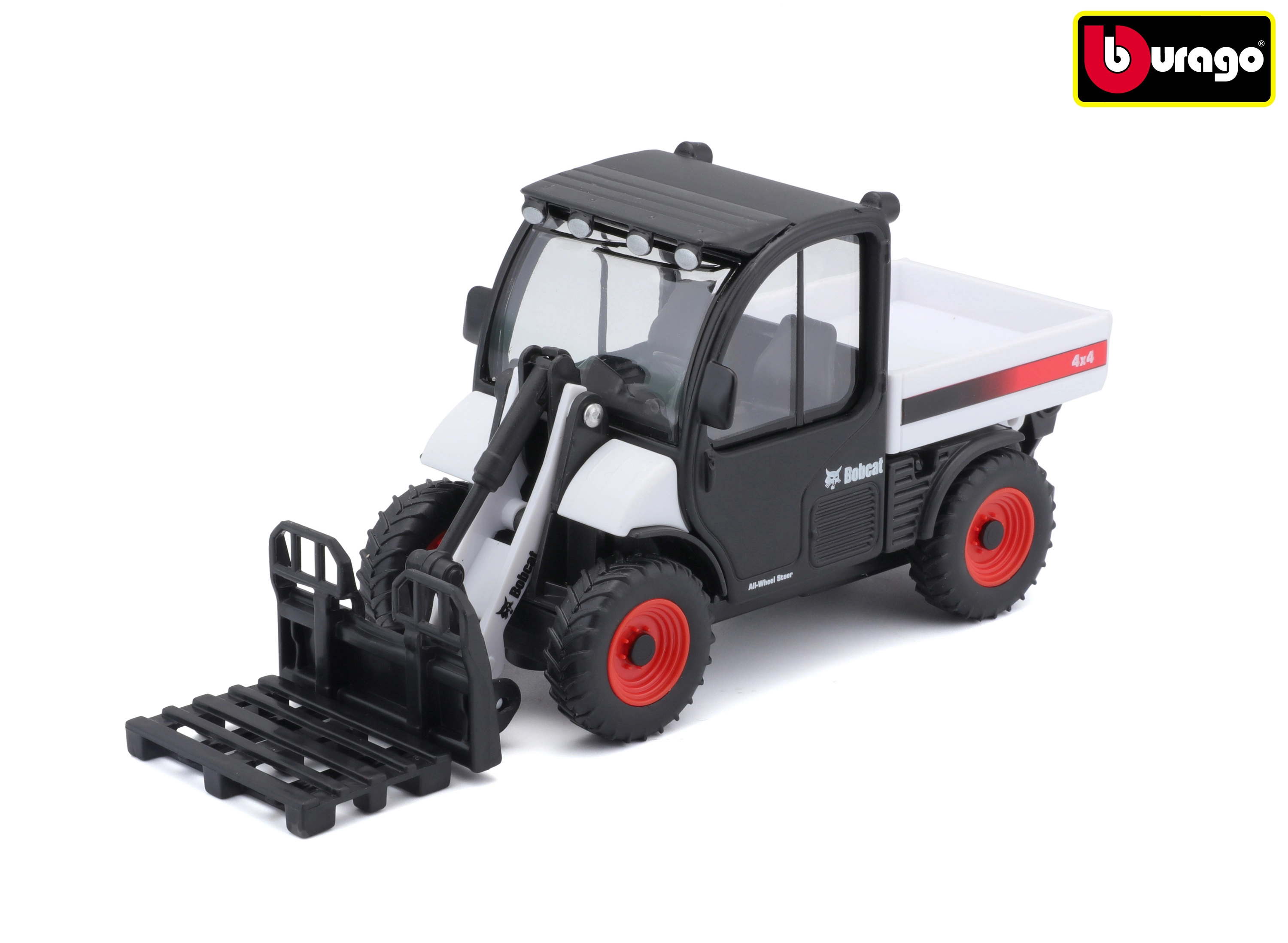 E-shop Bburago Bobcat Toolcat 5600 s vidlicovým nadstavcom – biela/čierna kovový model
