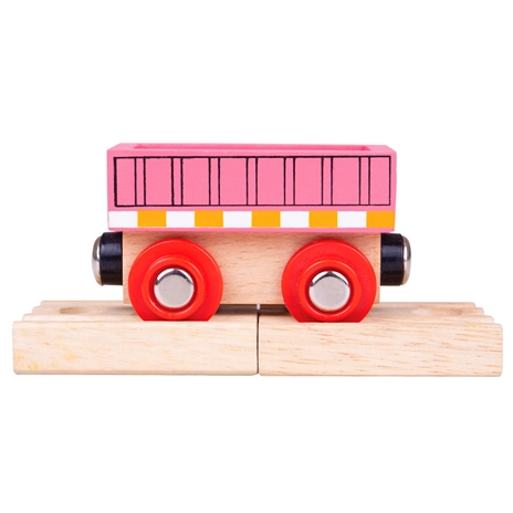 E-shop Ružový vagón BIGJIGS RAIL s magnetickými spojkami a 2 drevenými koľajami