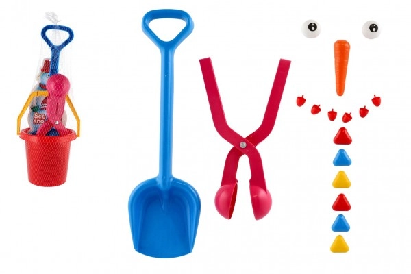 E-shop Teddies Súprava na stavanie snehuliaka plast horúco, tvorítko na gule, lopatka, mrkva, knoflíky v sieťke 20x49cm