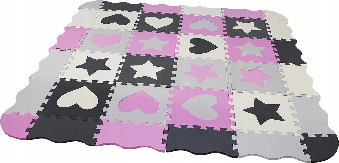 E-shop Penová puzzle podložka sivo‑ružová s motívom sŕdc a hviezd 28 × 28 cm
