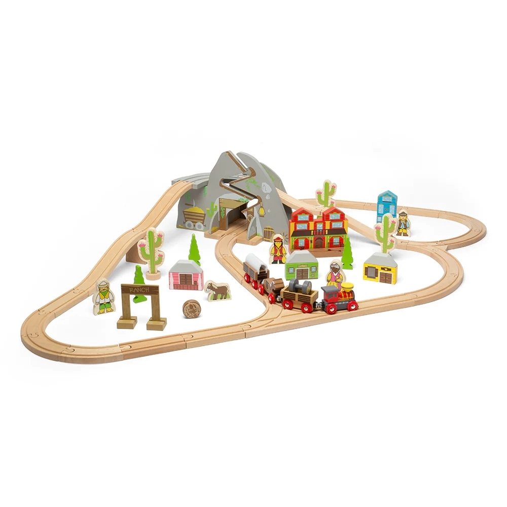 E-shop Bigjigs Rail Drevená vláčikodráha divoký západ 62 dielov